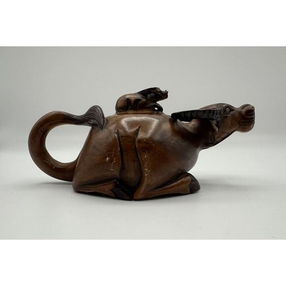 Hand Carved Chinese Brown Stained Soapstone Water Buffalo Lidded Creamer - Picture 2 of 14